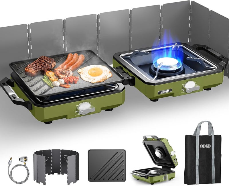 ODSD 2 Burner Camping Stove with Windshield, 20000 BTU Propane Camp Stove, Portable Folding Gas Stove, Camping Essentials Gear Includes Frying Pan, Coffee Stand & Carry Bag, Green - Image 1